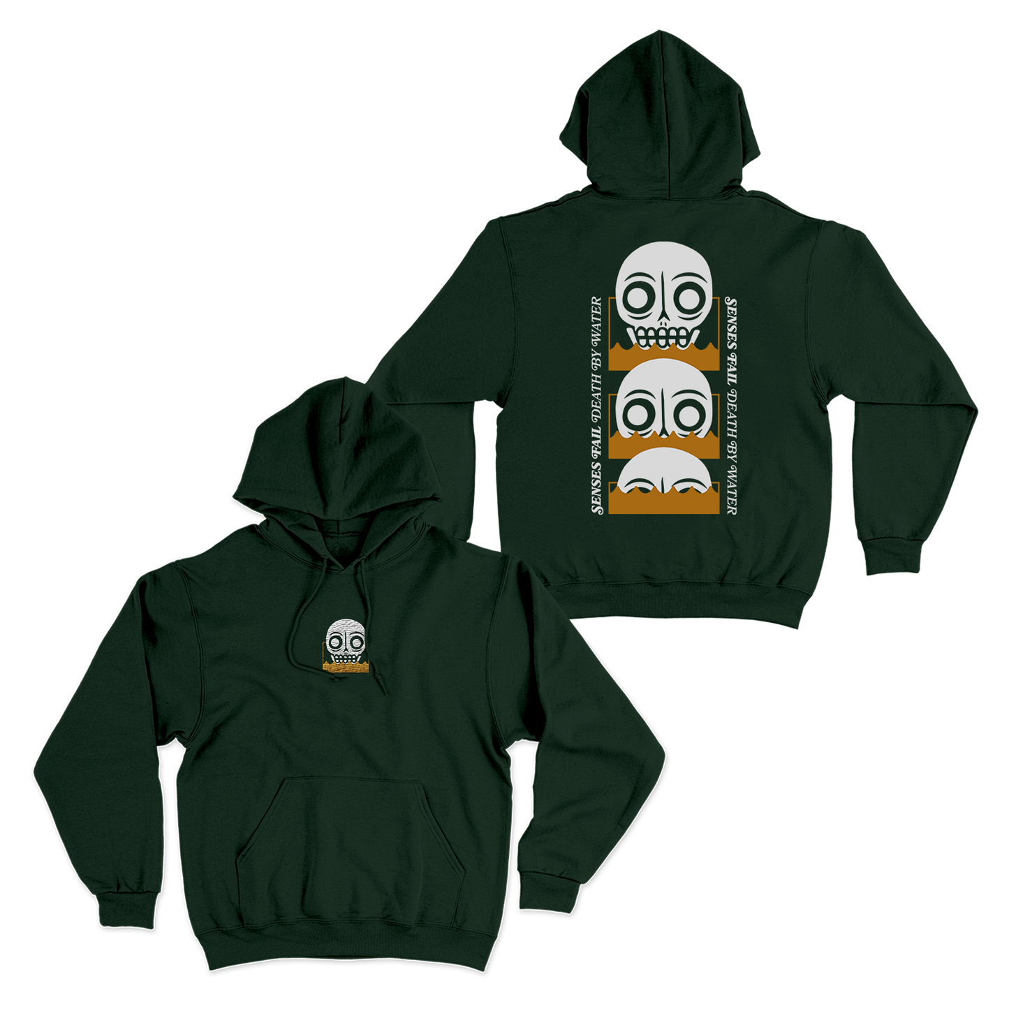 Dark green hoodie with a skull embroidered on front and Senses Fail logos and skulls printed on back