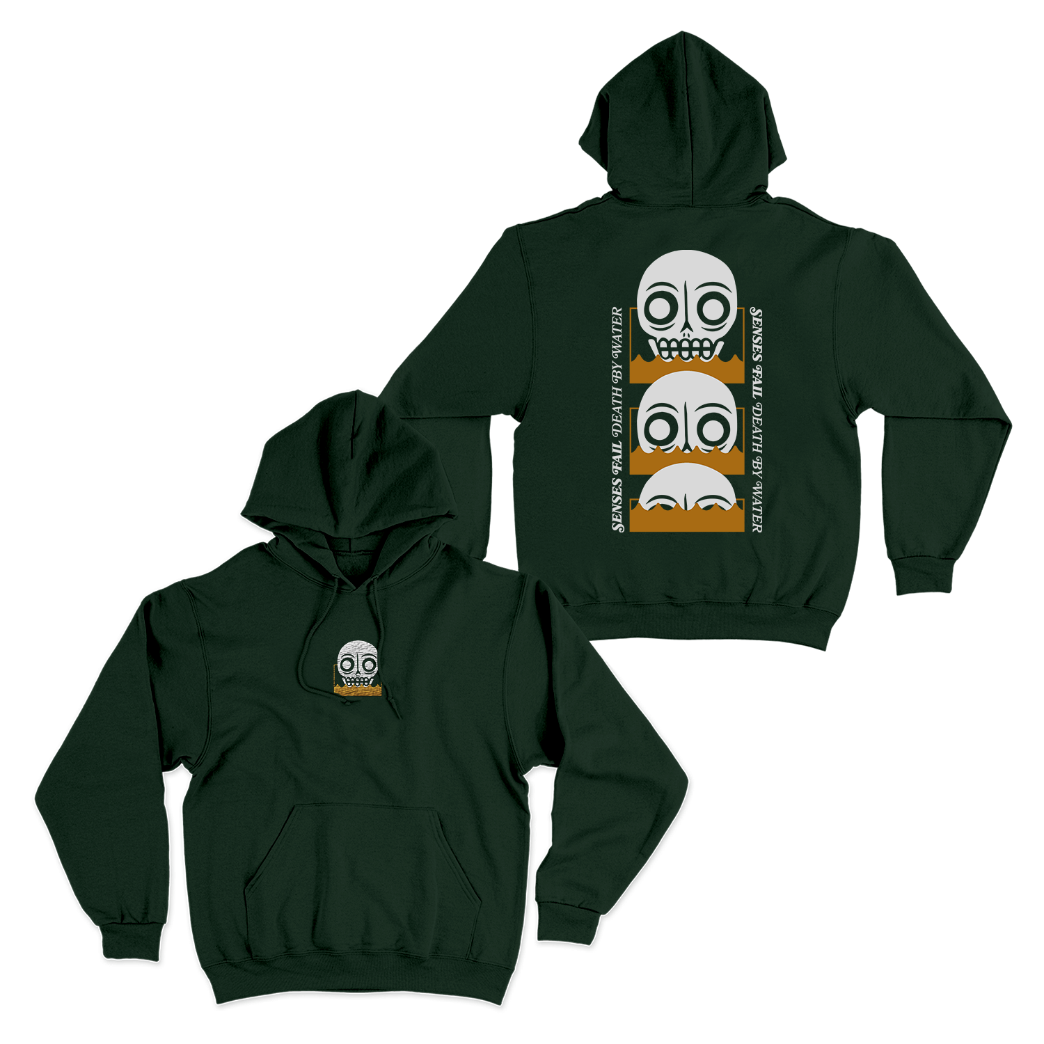 Dark green hoodie with a skull embroidered on front and Senses Fail logos and skulls printed on back